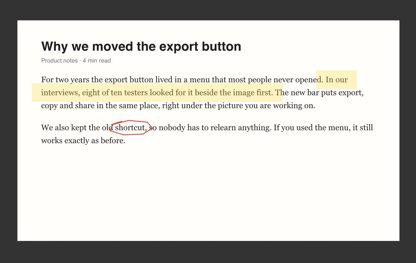 An article in Snix with one sentence highlighted in yellow and a word circled with the pen in red