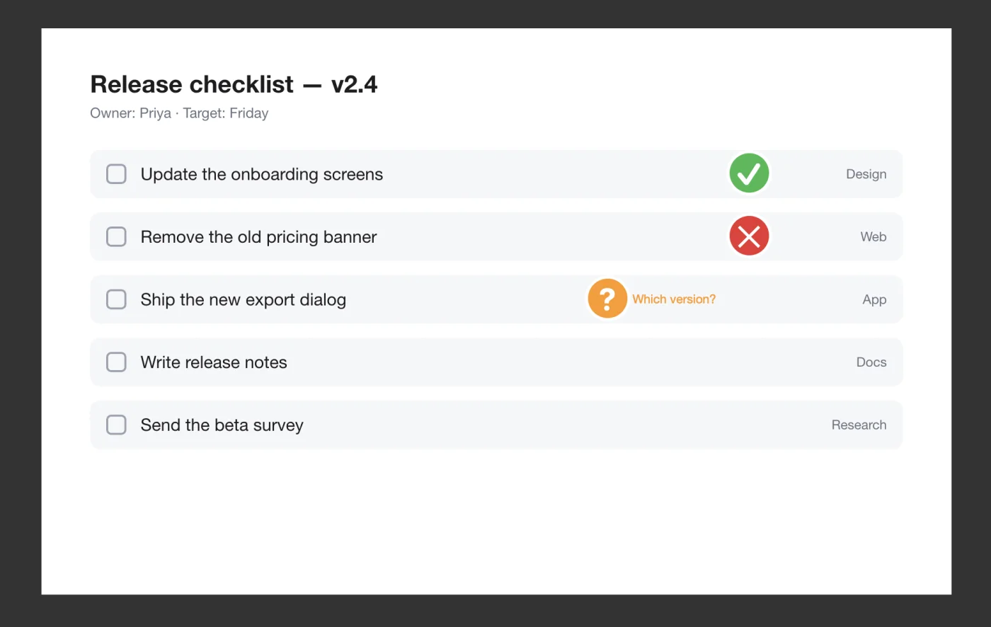 A checklist in Snix with an approved stamp, a rejected stamp and a question stamp labelled Which version?