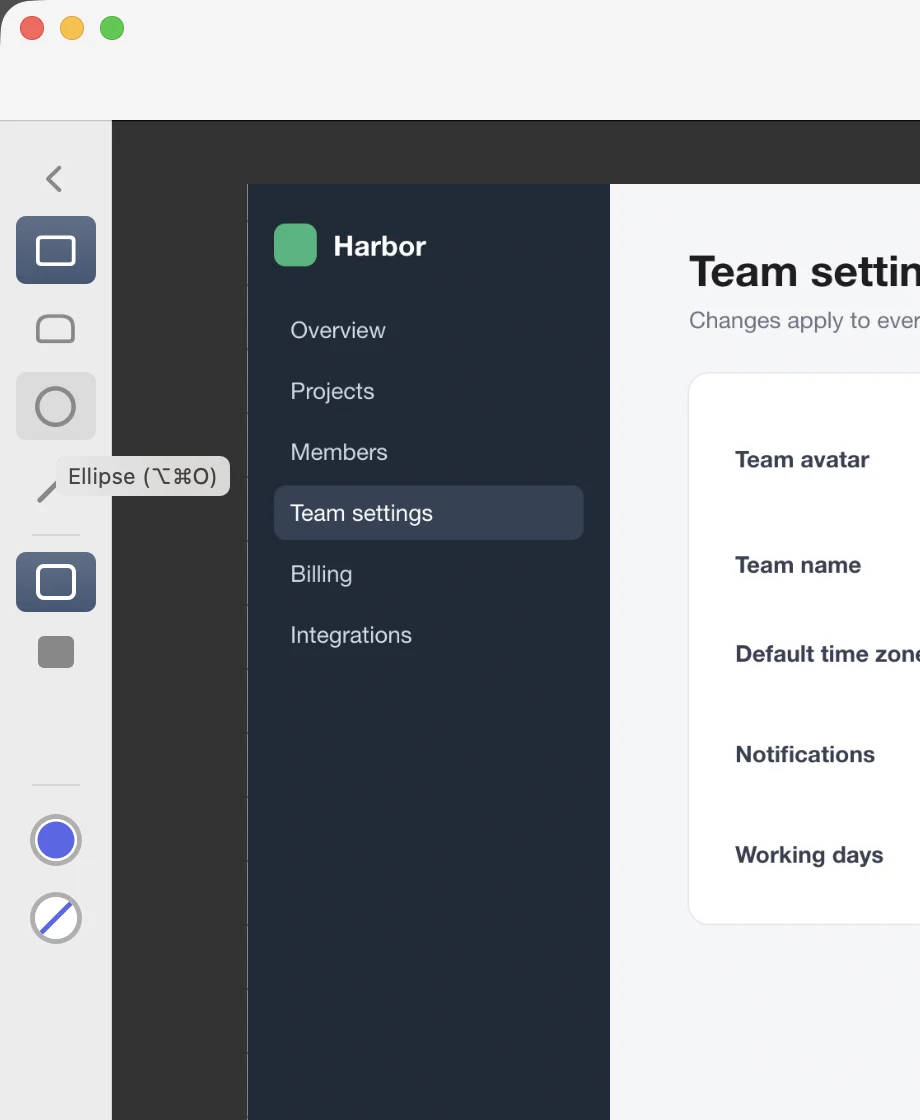 The tool sidebar slid over to show shape options: Rectangle, Rounded Rectangle, Ellipse and Line, then outline or fill