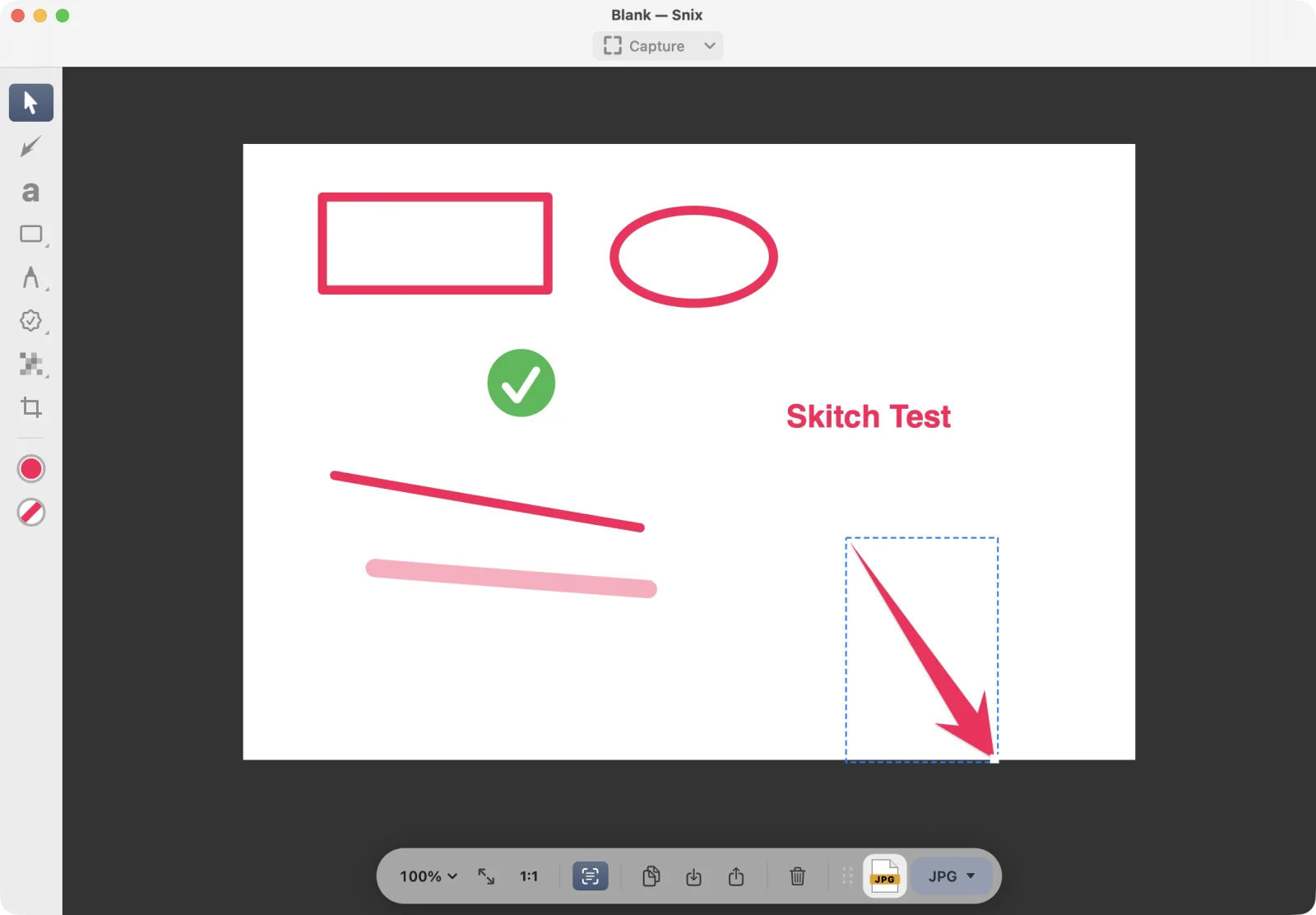 在 Snix 中打开的 Skitch 2.9 图片，其中的箭头作为可编辑对象被选中